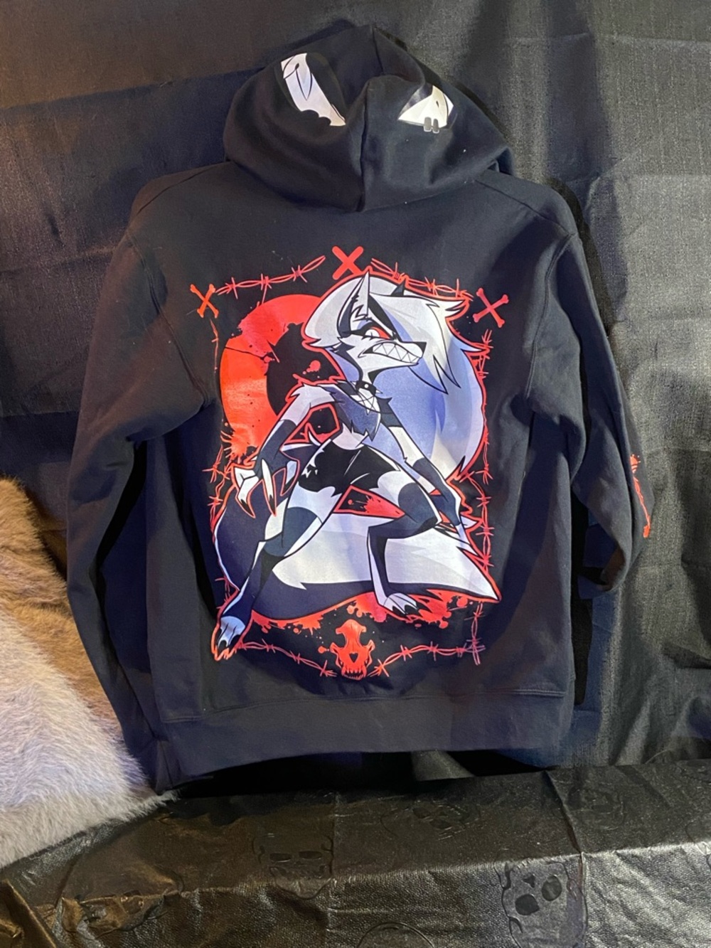 Black Graphic Hoodie with Red & White Werewolf Design